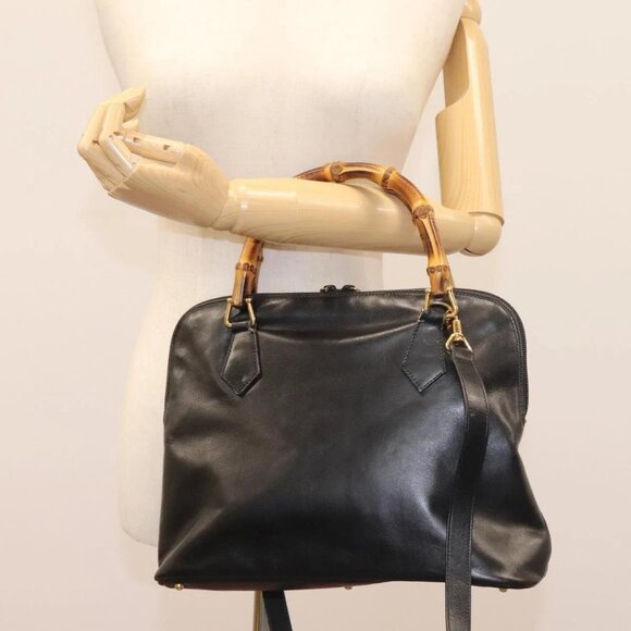 GUCCI Bamboo Hand Bag Leather 2way Black Gold - Picture 1 of 16